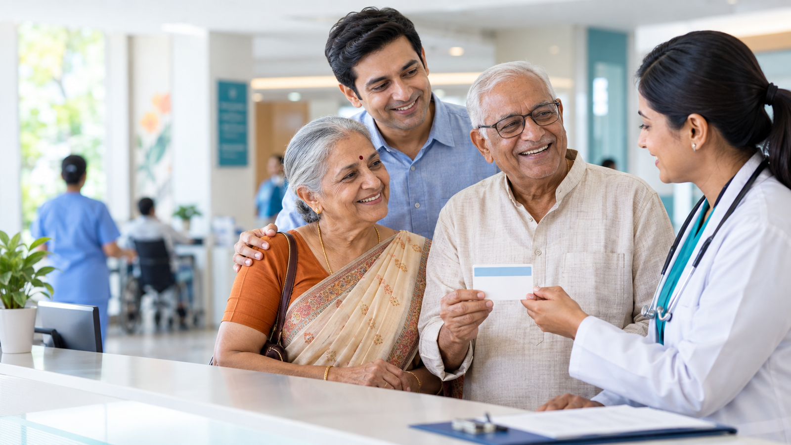 Indian senior citizens receiving healthcare card guidance at a hospital