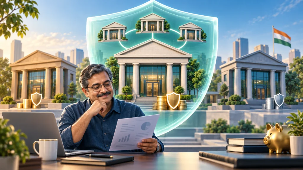Indian depositor reviewing savings protected by bank deposit insurance