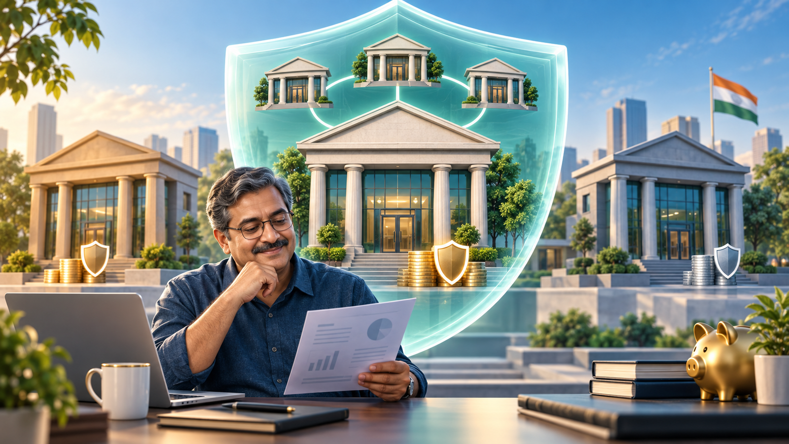 Indian depositor reviewing savings protected by bank deposit insurance