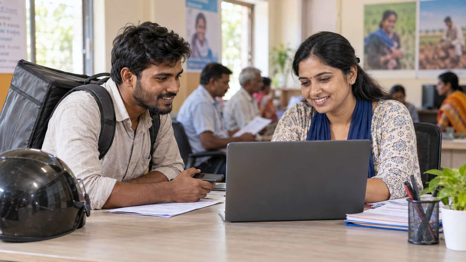 Indian delivery worker receiving help with e-Shram registration at a digital service desk