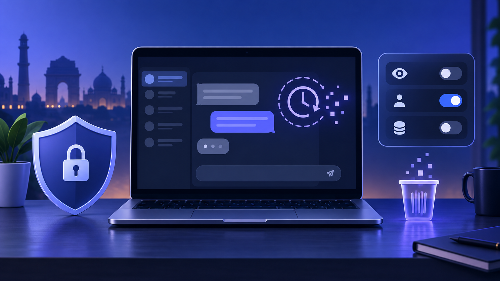 Laptop interface illustrating temporary chat, privacy controls and disappearing messages