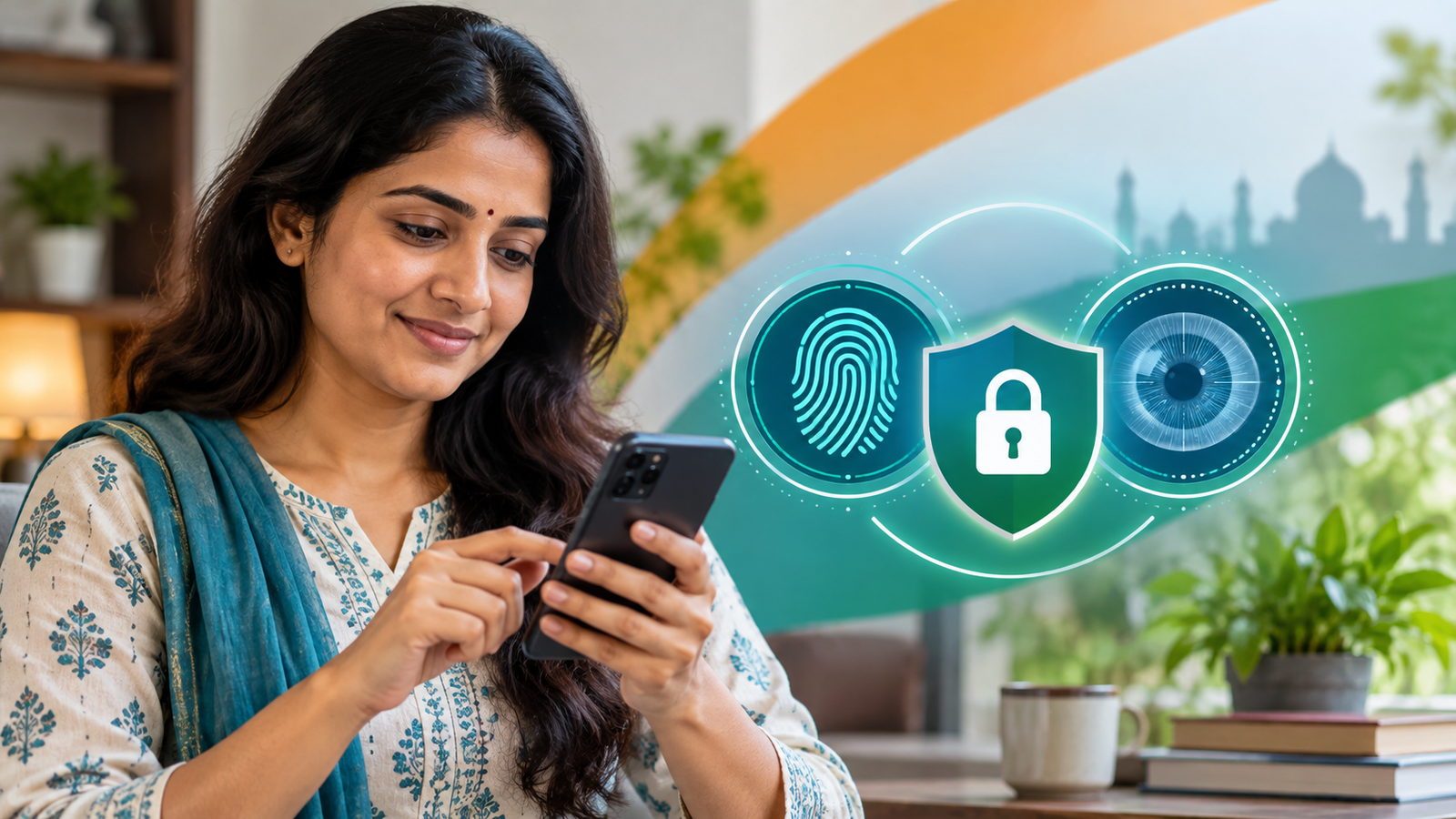 Indian woman securing Aadhaar fingerprint and iris authentication on a smartphone