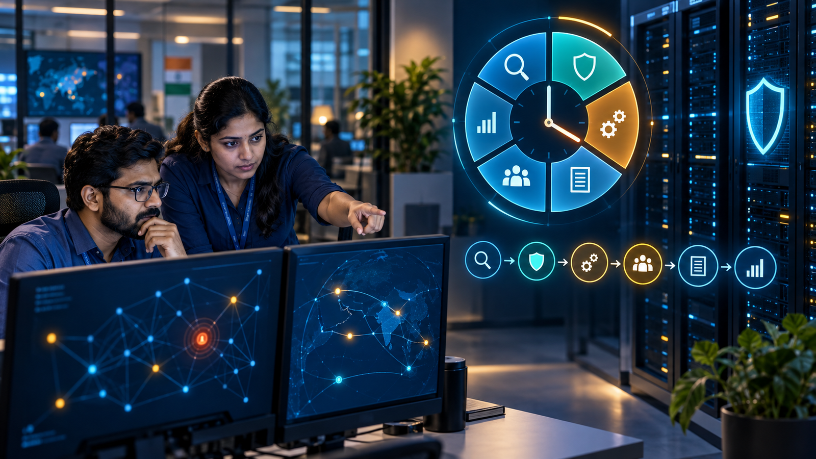 Indian technology team managing a timed cyber-incident response beside protected server systems