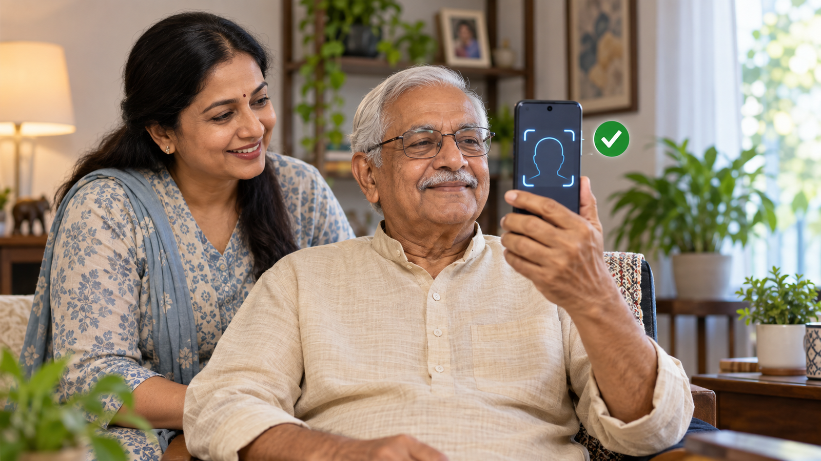 Elderly Indian pensioner completing face authentication for a digital life certificate
