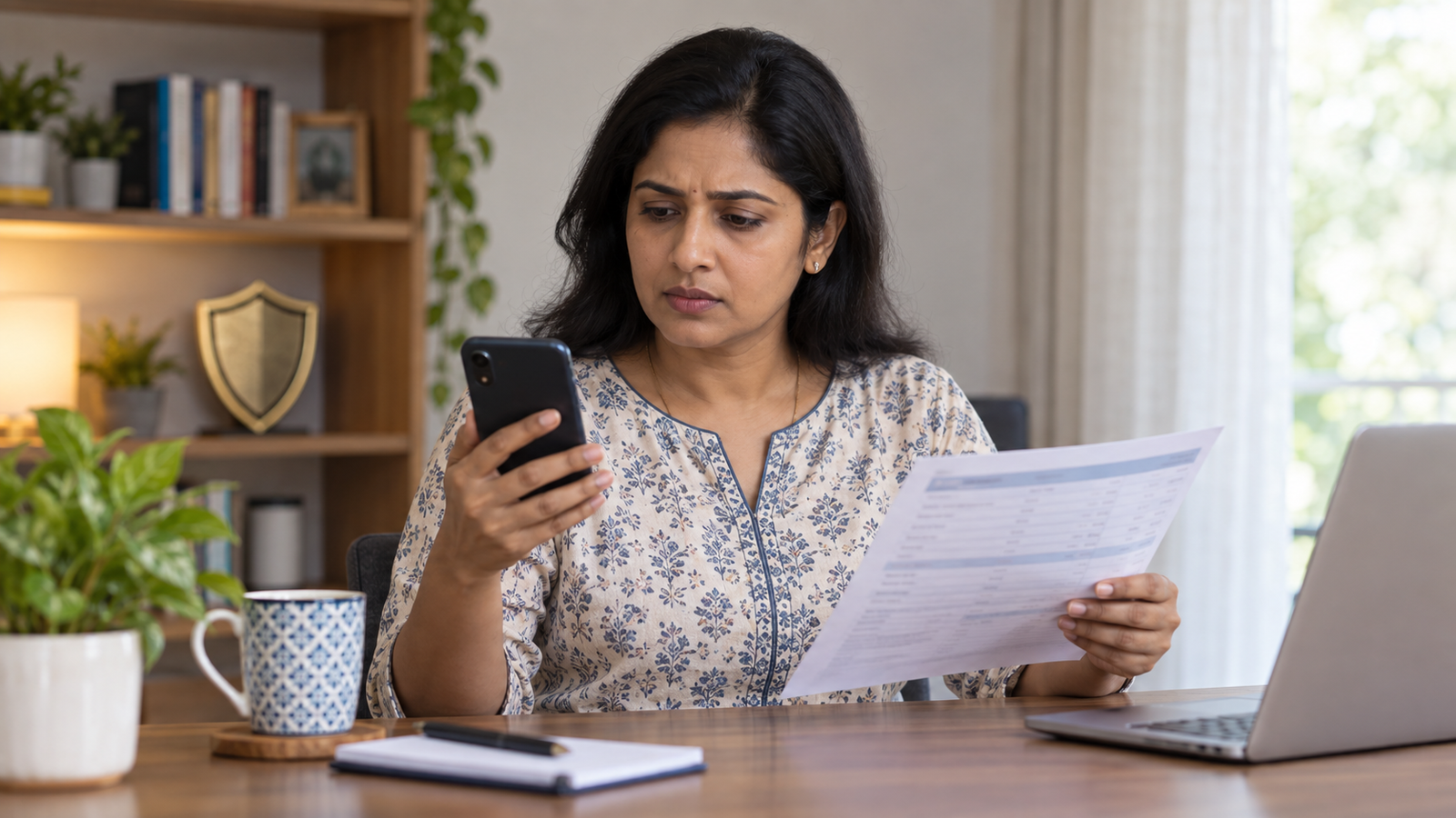 Indian bank customer checking a phone alert against a transaction statement