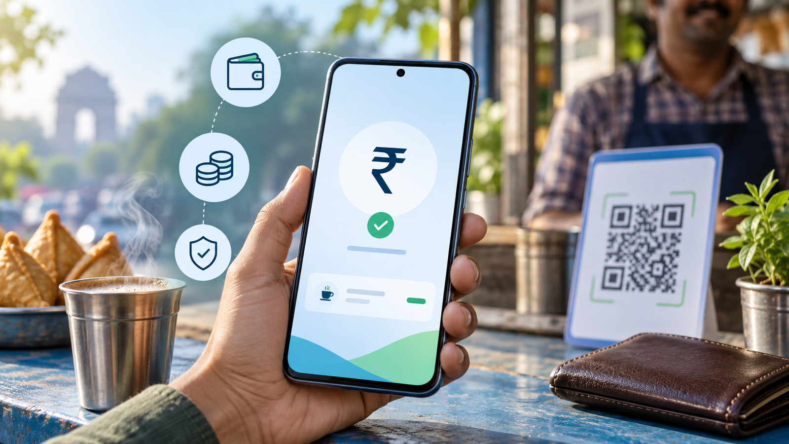 Smartphone showing a secure small-value rupee payment at an Indian shop