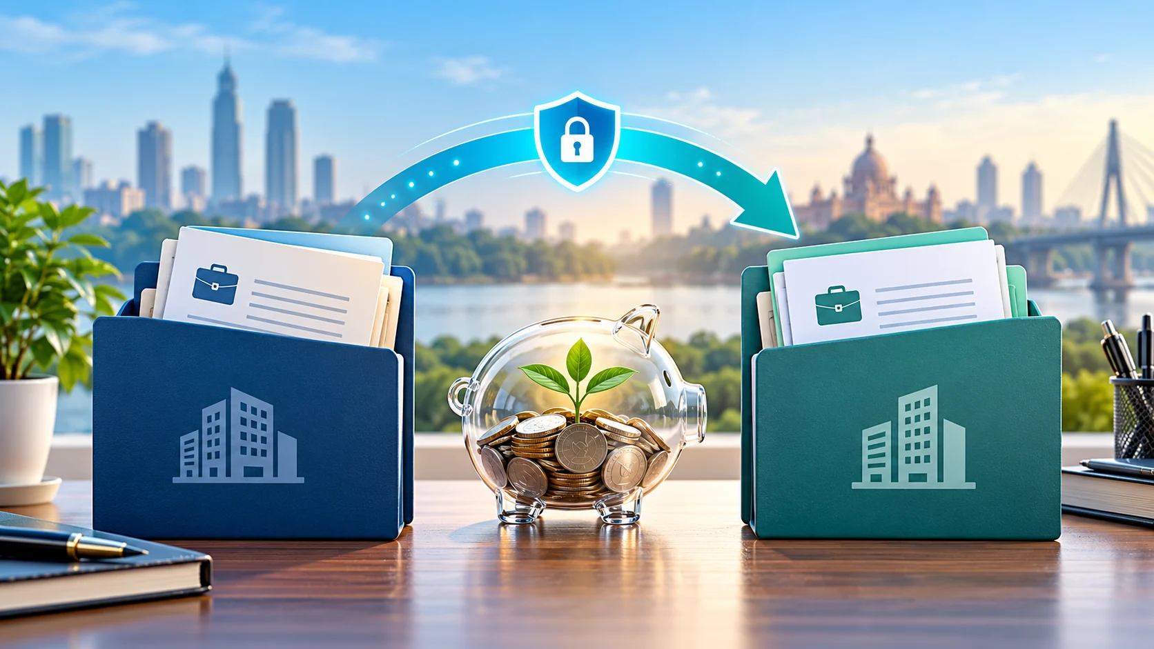 Two employment record folders connected by a secure EPF savings transfer