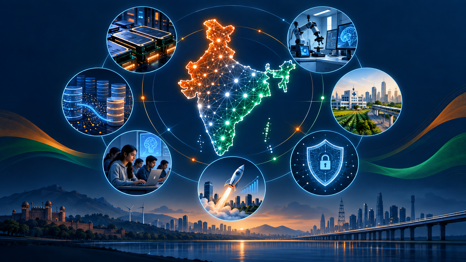 Illustration of the IndiaAI Mission ecosystem connecting compute, data, skills and startups