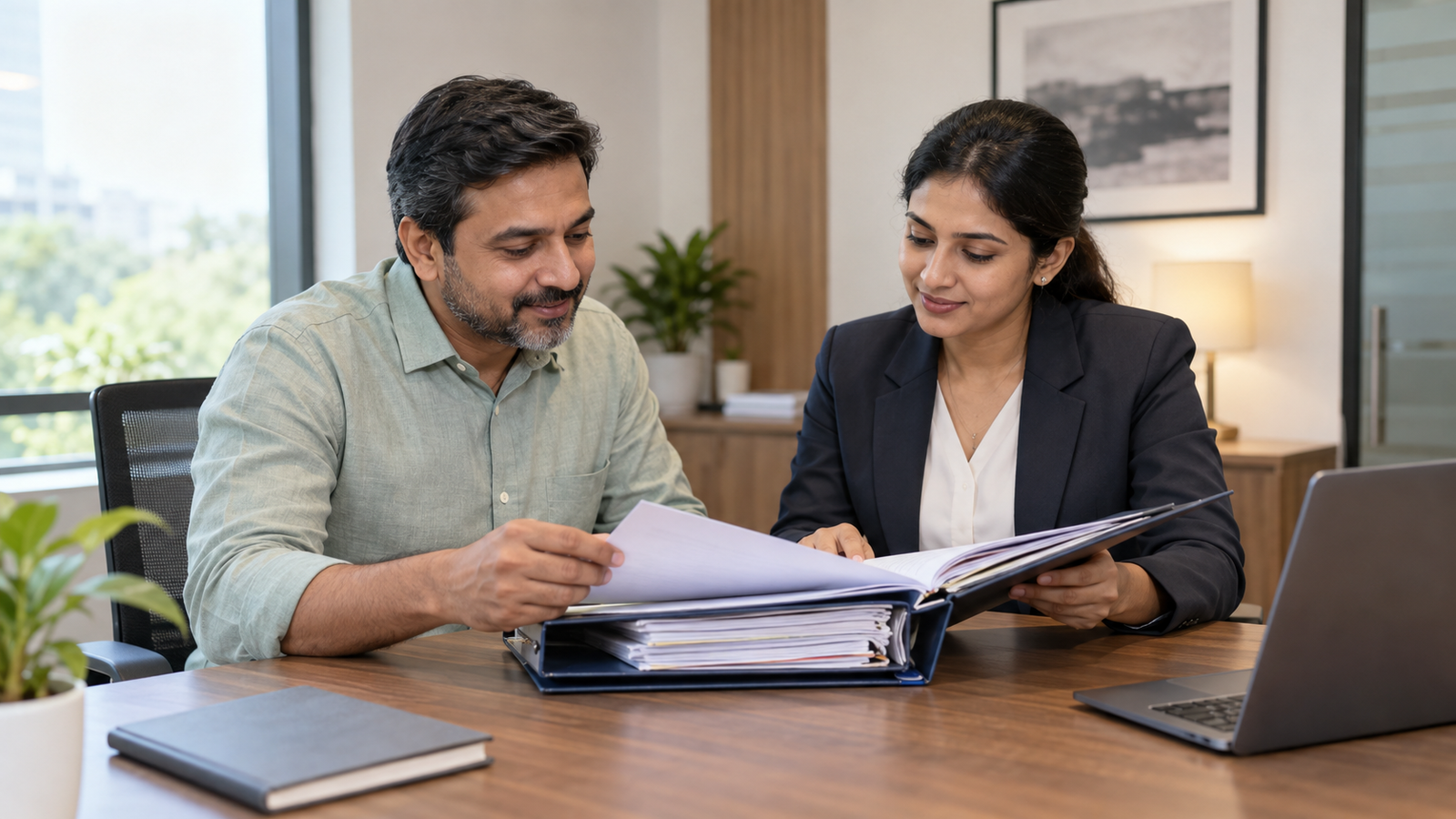 Indian borrower reviewing returned property documents with a lender representative after loan closure