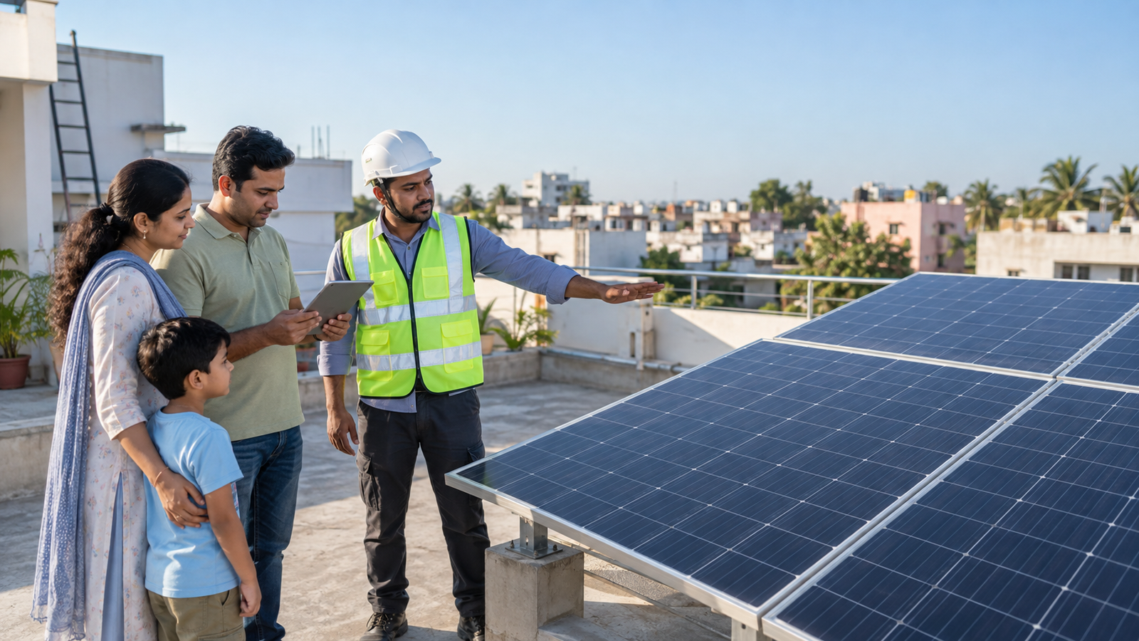 Indian household reviewing a rooftop solar installation with a technician