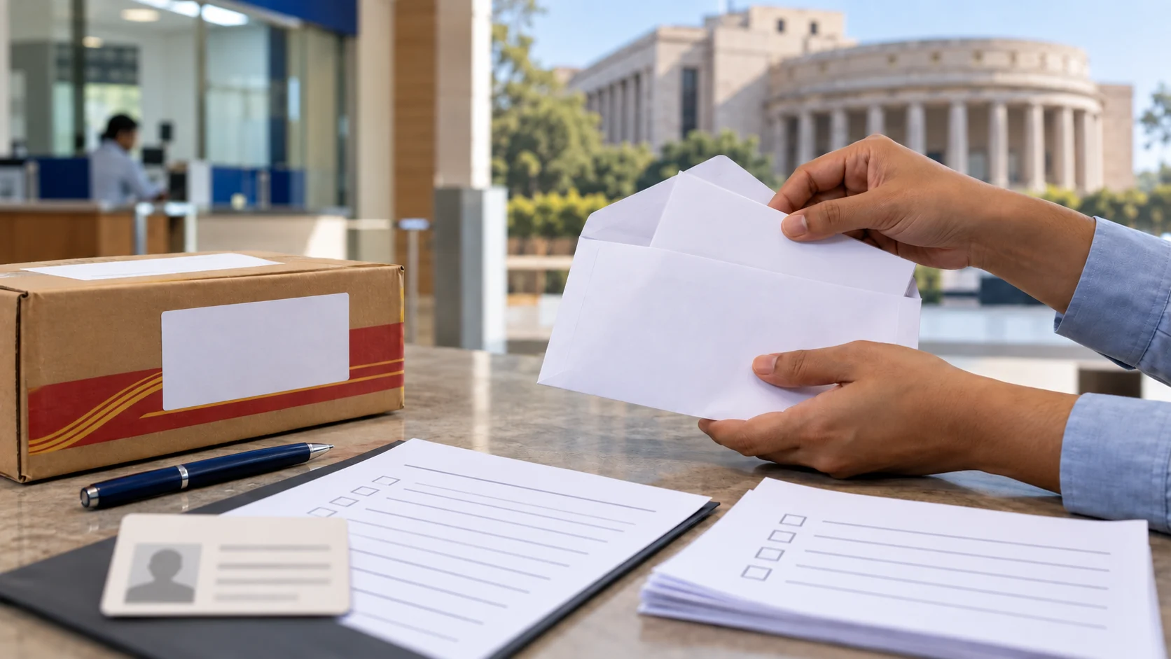 Hands preparing a secure envelope and blank account-credit documents for an RBI currency submission