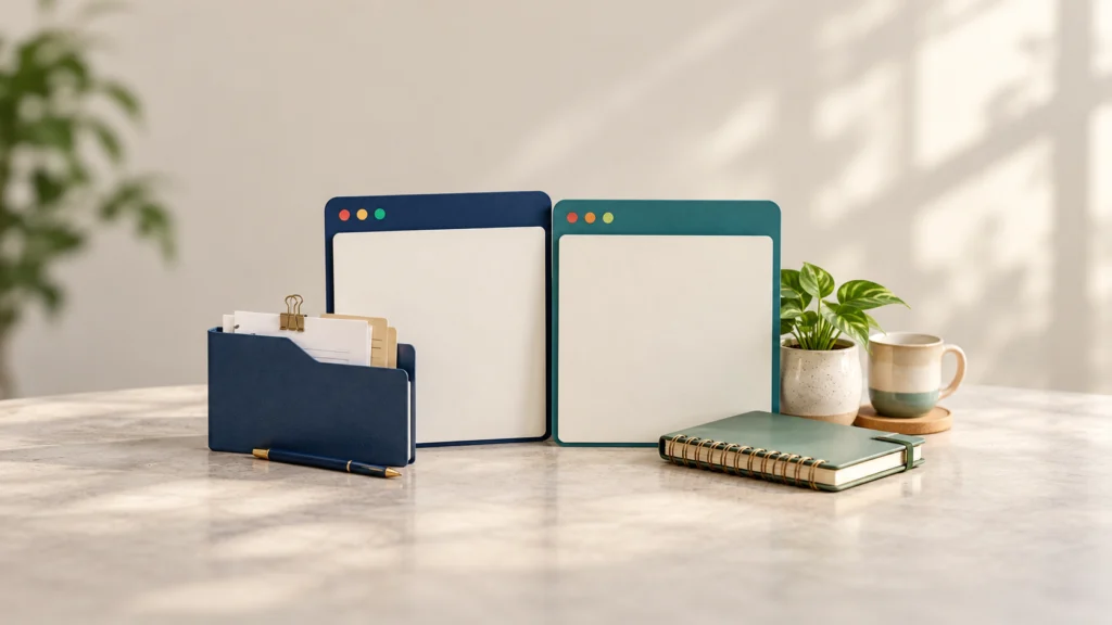 Two separate blank browser-window cards beside a work folder and personal notebook, illustrating distinct browsing contexts on one computer.