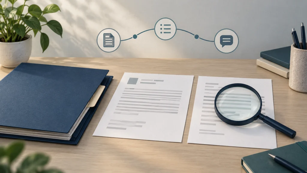 Conceptual grievance folder, original request and reply documents with a magnifying glass and neutral tracking milestones.