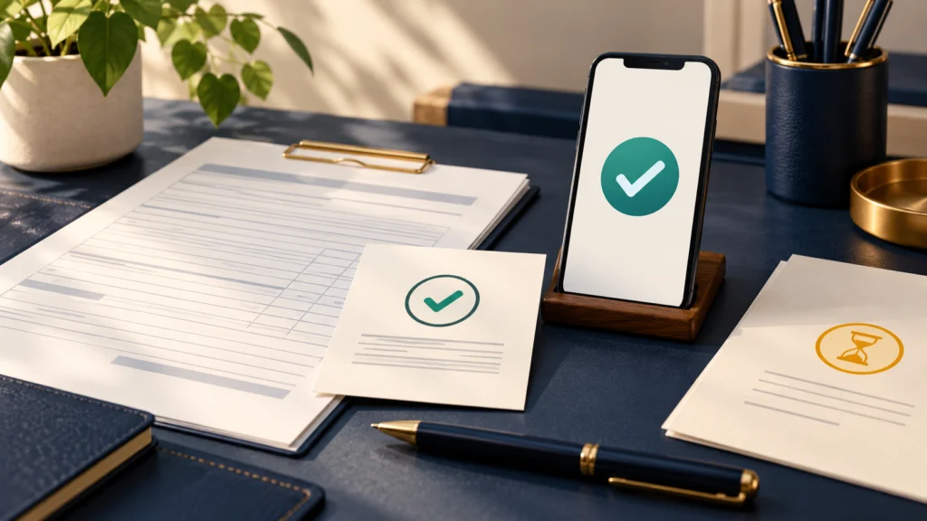 A blank tax-return sheet and acknowledgement card beside a phone with an abstract verification check.