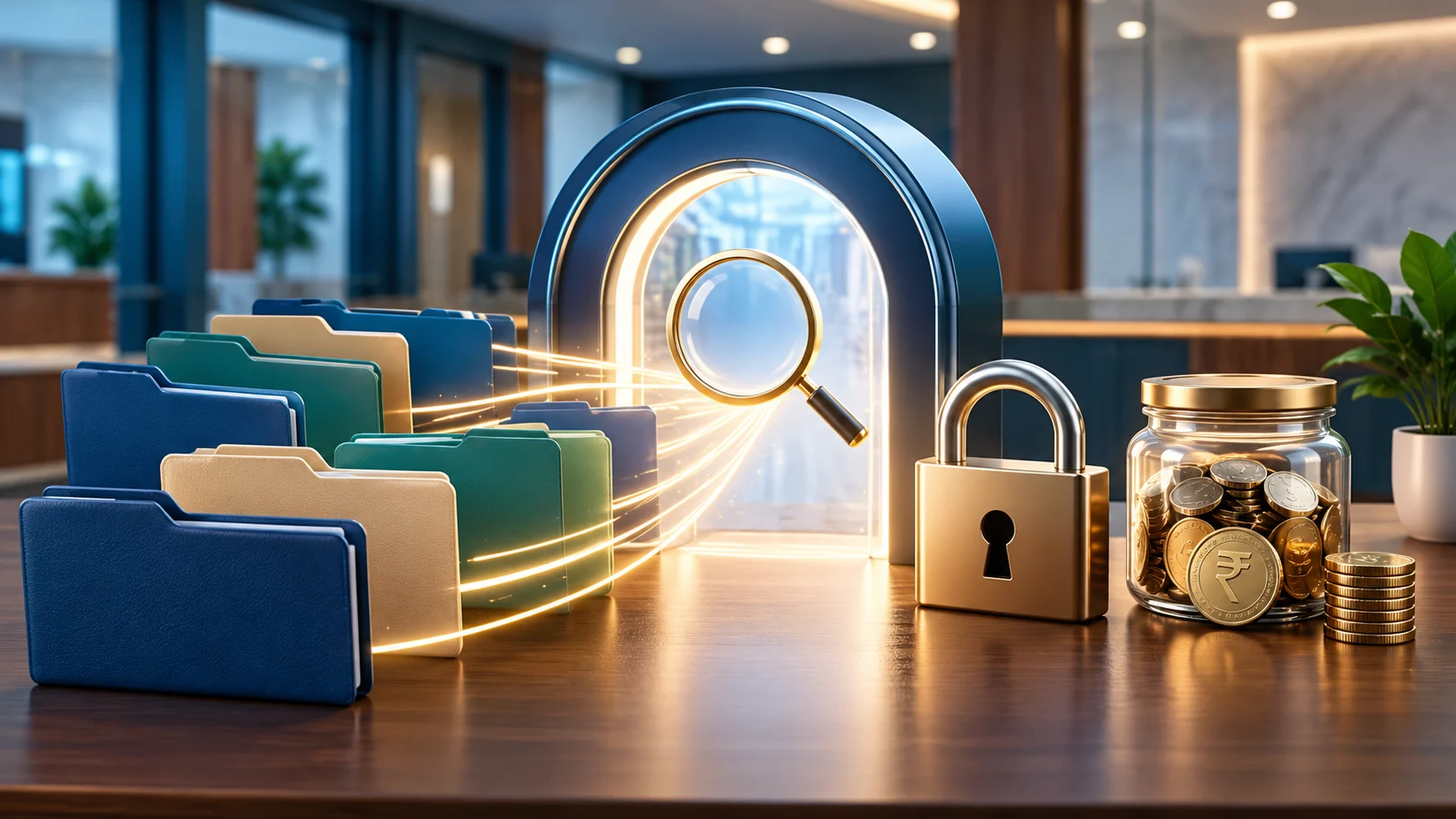 Blank bank-account folders moving through a secure unclaimed-deposit search gateway