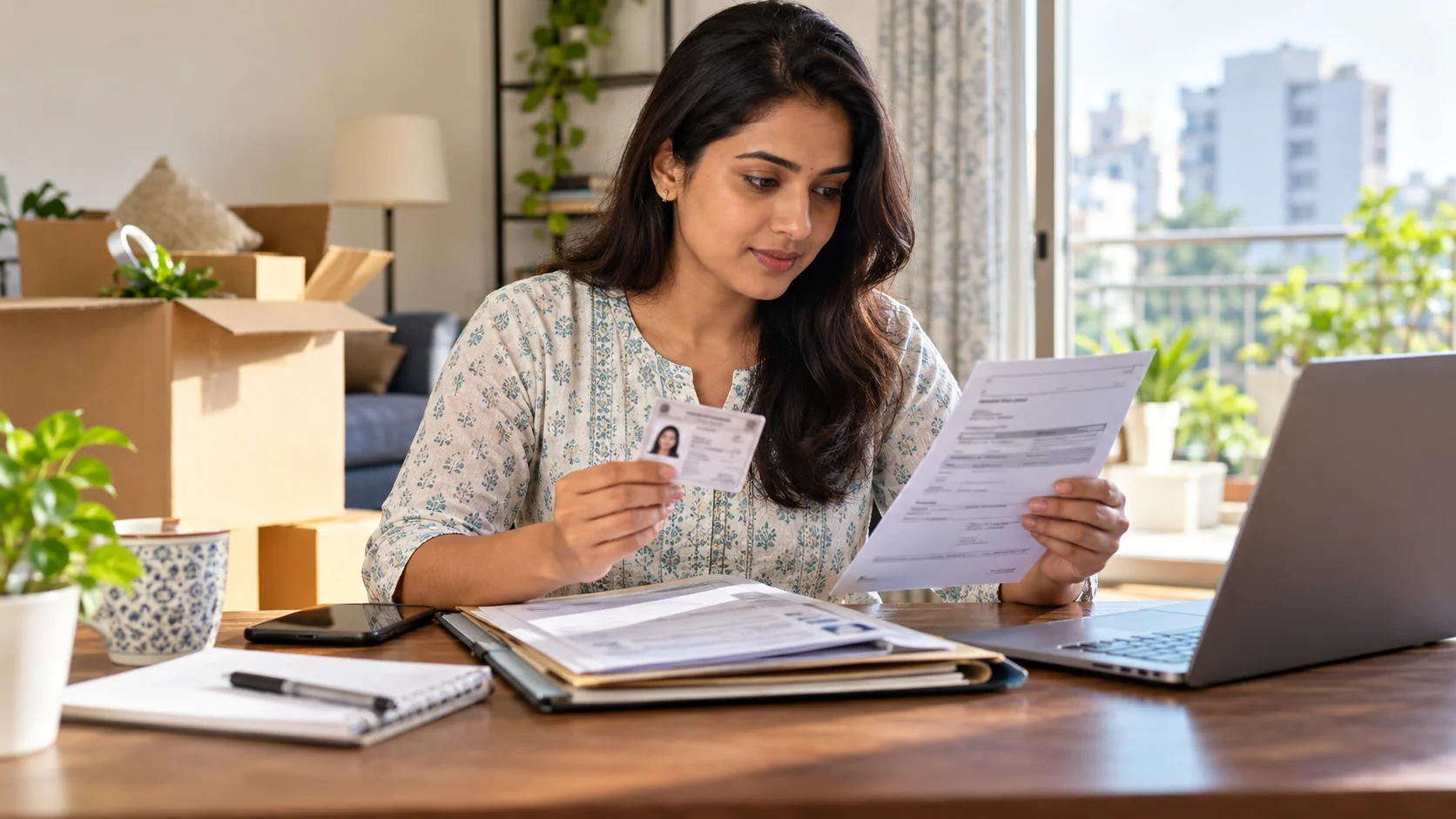Indian voter reviewing address documents and voter card after moving home