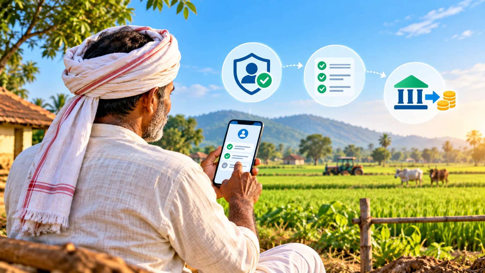 Farmer checking PM-KISAN identity, status and bank-payment steps on a phone