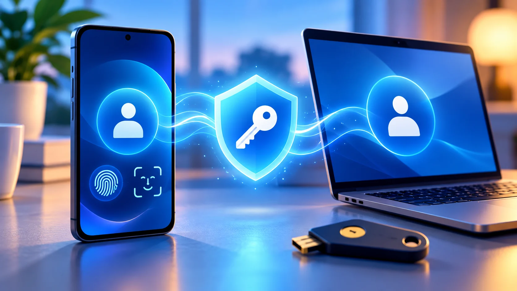 Phone and laptop connected by a secure passkey with biometric and hardware-key symbols