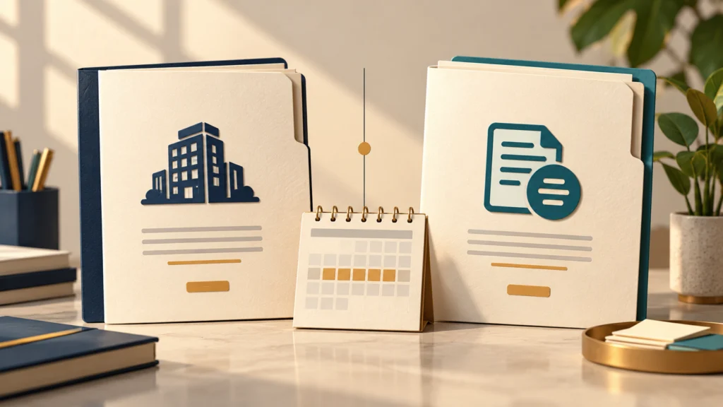 Two distinct certificate folders and a separate period marker illustrate checking the right tax certificate.