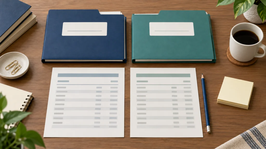 Conceptual annual-record folders and two unbranded tax statements arranged side by side for comparison.