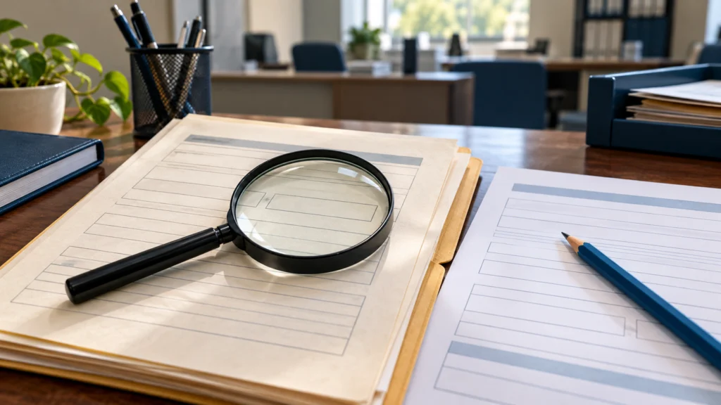 A plain record folder, pencil and magnifying glass beside a clean sheet, illustrating checking evidence before correcting a voter entry.