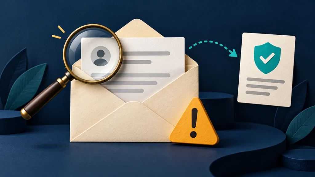 An unbranded email envelope under a magnifying glass beside a separate verification path and a warning marker.