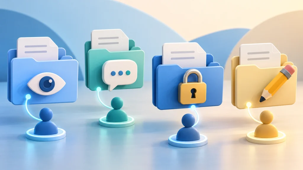 Unbranded folders with viewing, commenting, editing and lock symbols connected to people