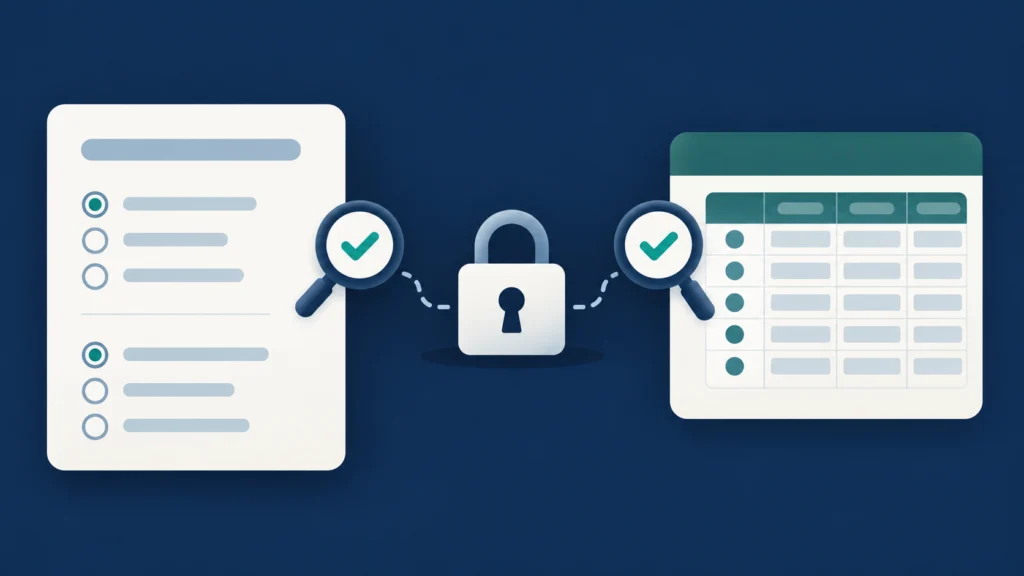 Conceptual illustration of a survey form and a separate response spreadsheet being checked for access permissions.