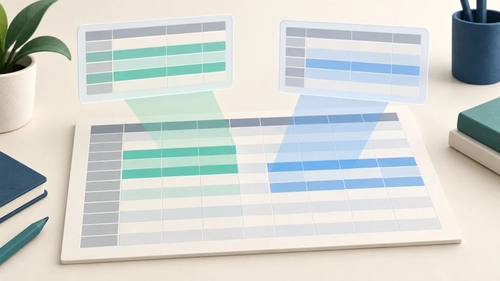 Conceptual shared spreadsheet grid with two coloured viewing panels highlighting different subsets of the same data.