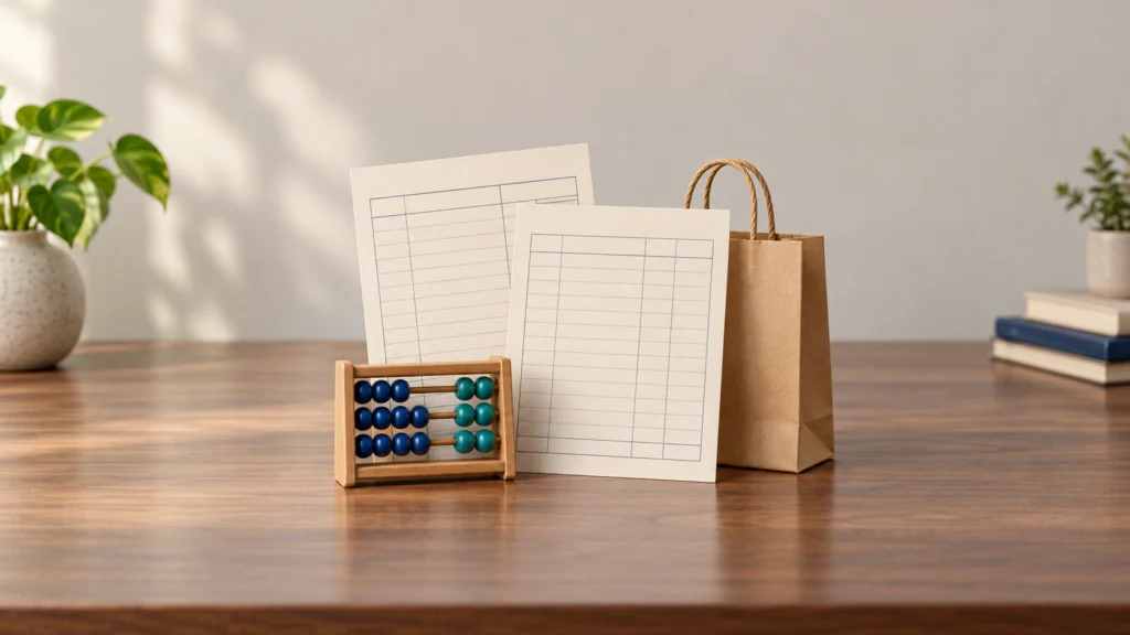 Two blank purchase-document sheets beside a shopping bag and wooden abacus, illustrating comparison of purchase bill details.