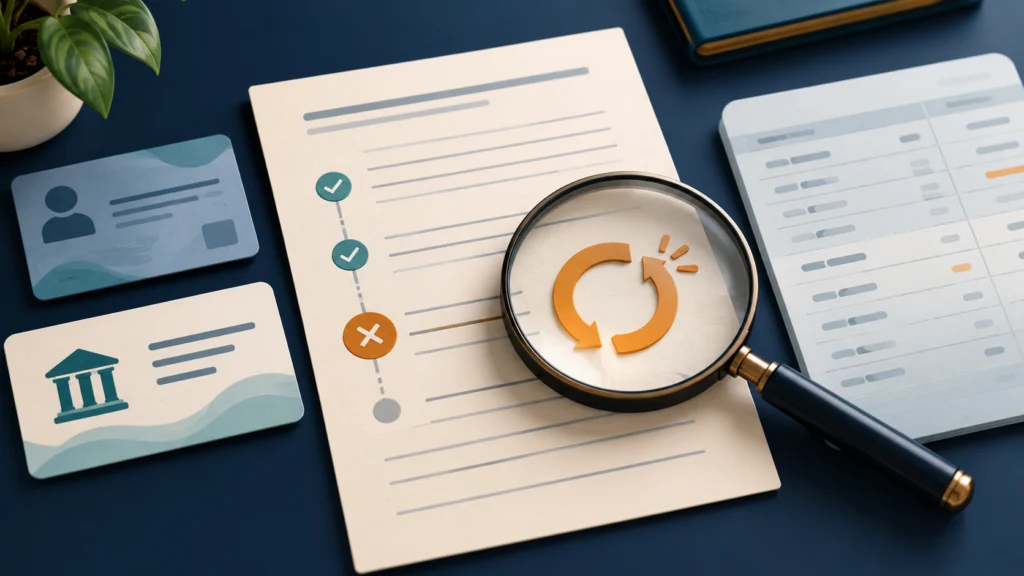 A refund document, blank bank-account record and two reference cards arranged beside a magnifying glass.