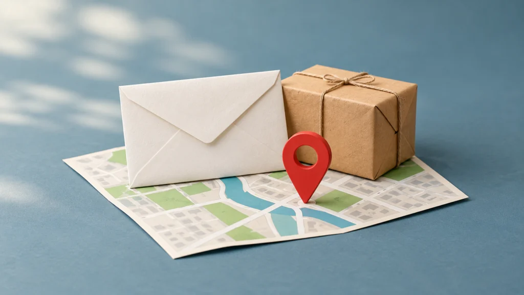 A blank envelope and parcel beside a simple location pin on an abstract map, illustrating postal address preparation.