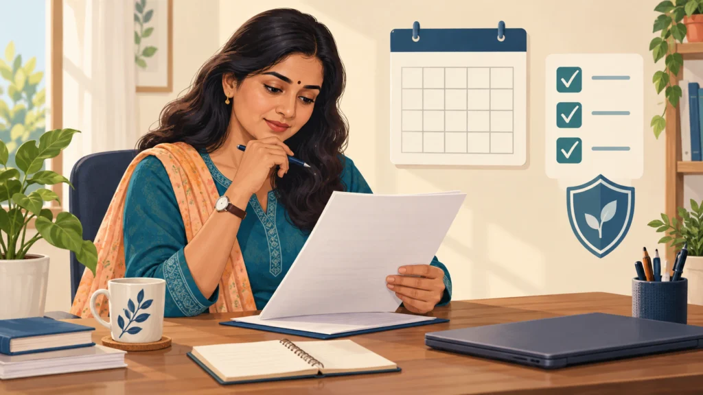 Illustration of a person reviewing a life insurance policy with a calendar and checklist.