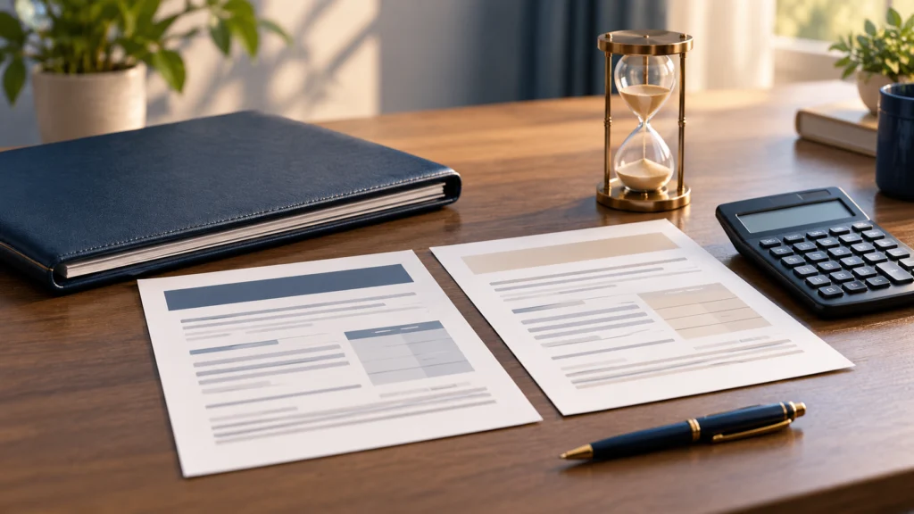 A life-policy folder, calculator and two plain quote sheets beside an hourglass, illustrating careful review of a surrender quotation.