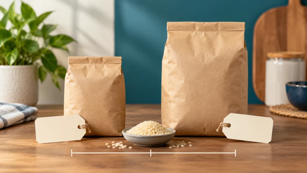 Two unbranded grocery packages of different sizes with blank price tags, a bowl of grains and a neutral comparison line.