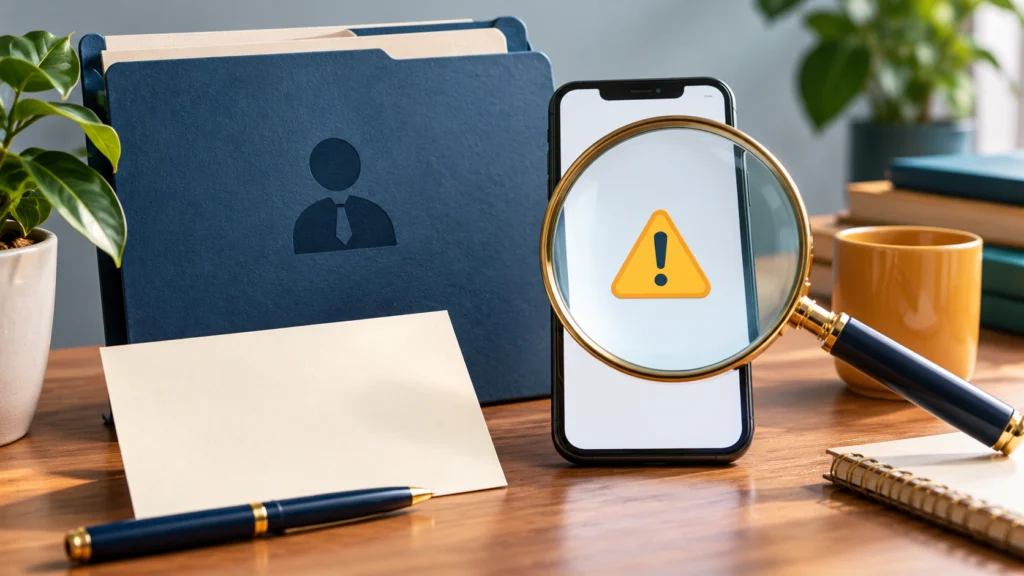 A plain job-application folder and magnifying glass beside a phone with a neutral warning symbol, illustrating verification of an unexpected recruitment payment request.