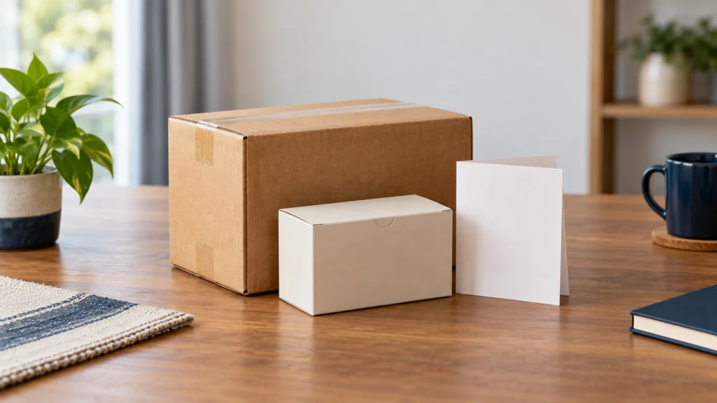 An unbranded parcel beside a blank return document and a small product box, illustrating checks before an online purchase.