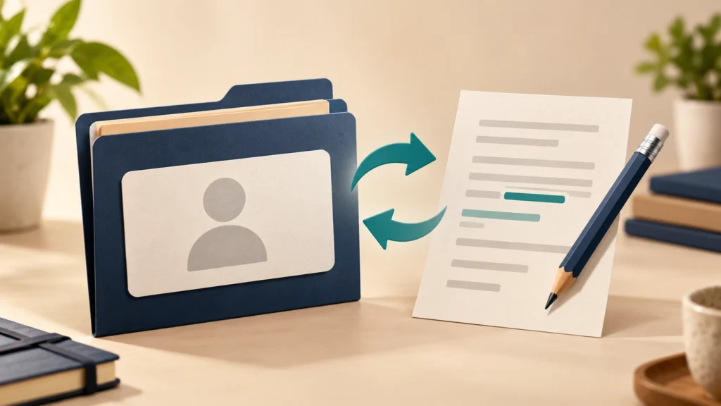 Conceptual existing identity-record folder and correction document linked by revision arrows, with a pencil.