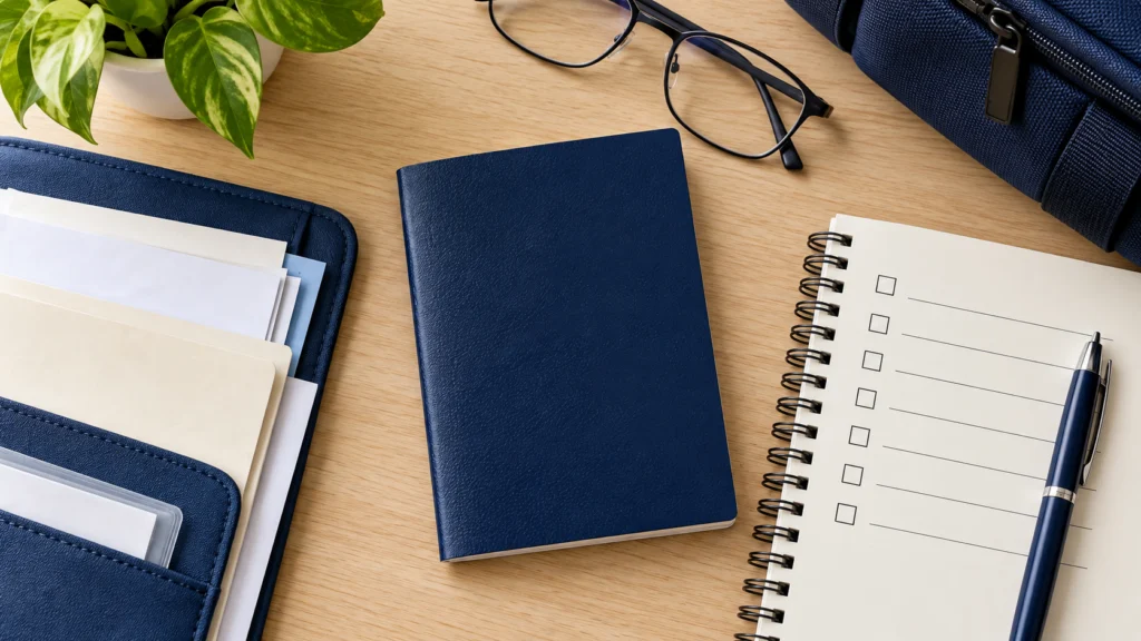 A plain navy travel-document booklet beside a blank checklist and organised papers