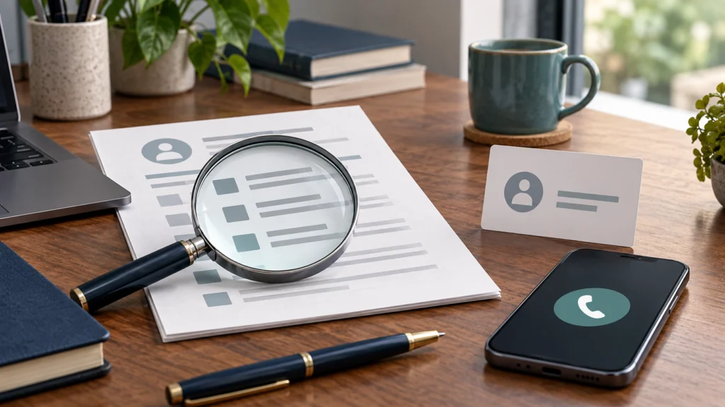 Conceptual illustration of a magnifying glass checking an unbranded provider record beside a separate identity card and contact symbol.