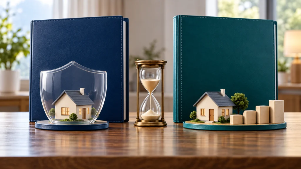 Two plain policy folders with a protected home and a sequence of future benefit blocks, illustrating life protection and endowment benefit structures.
