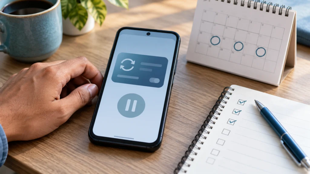 Illustrative phone and calendar showing recurring-payment review beside a checklist