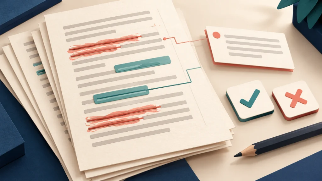 Layered document sheets with coloured revision marks and separate accept and reject choice cards.