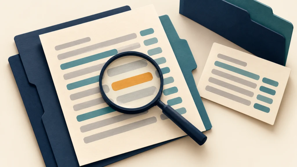 A magnifying glass checks transaction rows beside a separate acquisition-record card and a report folder.